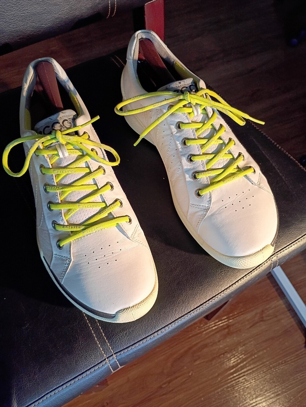 ECCO White Leather Sneakers with Neon Yellow Laces